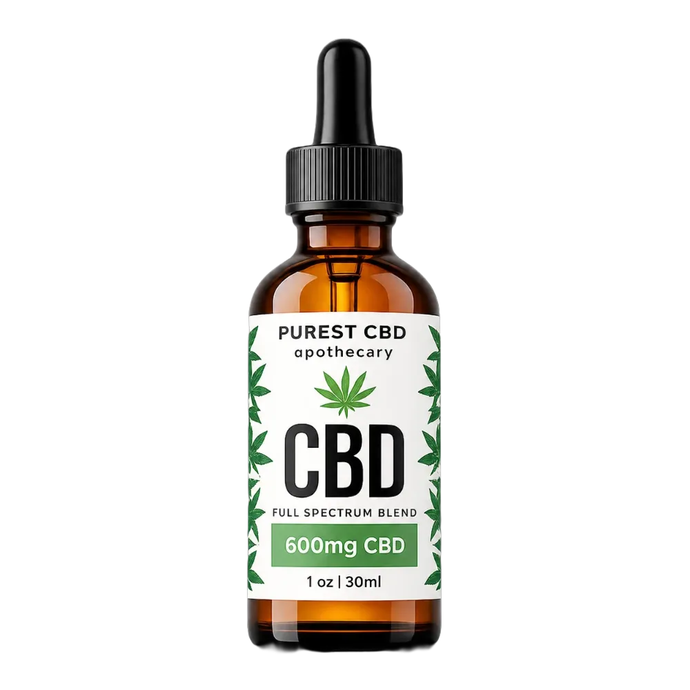 Purest CBD Oil 600mg full spectrum tincture bottle, 30ml