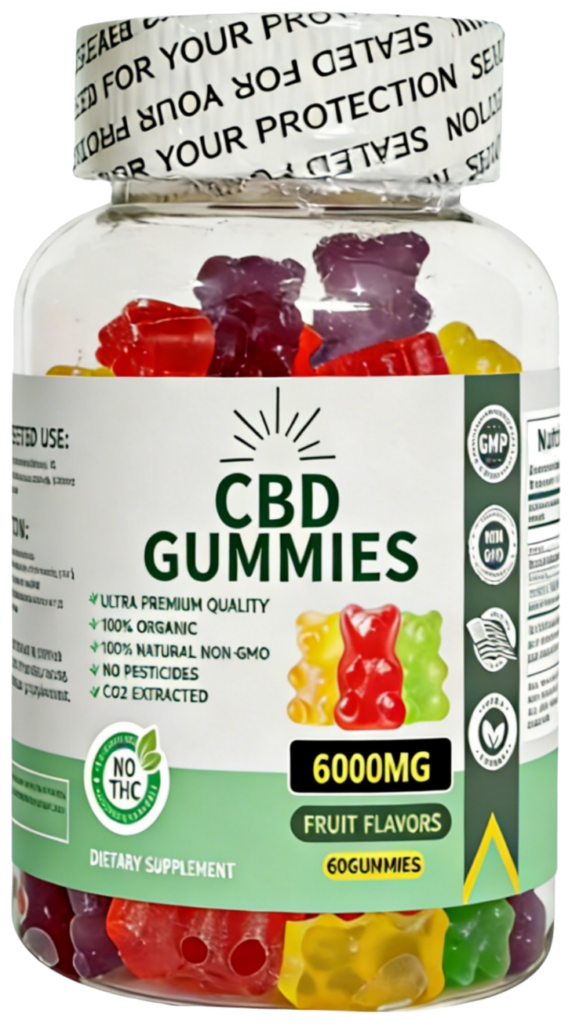 6000mg CBD gummies bottle with red and purple gummies