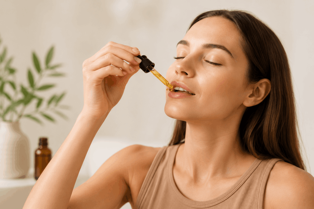 Woman taking CBD oil sublingually for wellness