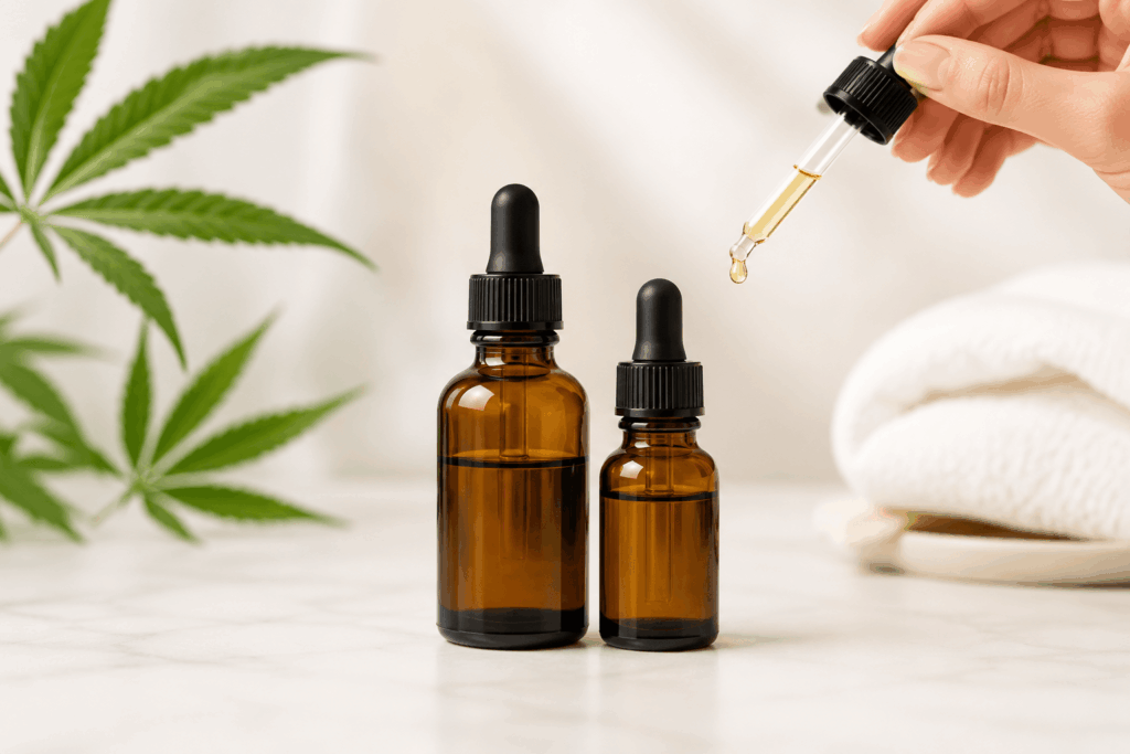 Two CBD oil bottles with dropper for dosage guidance