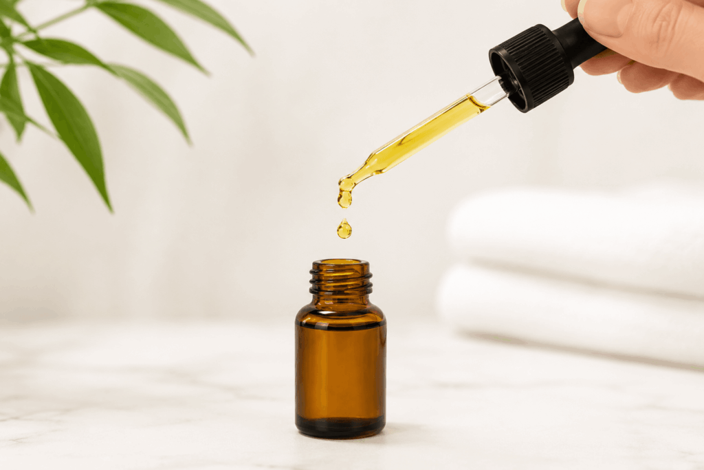 CBD oil dropper releasing a drop into an amber bottle