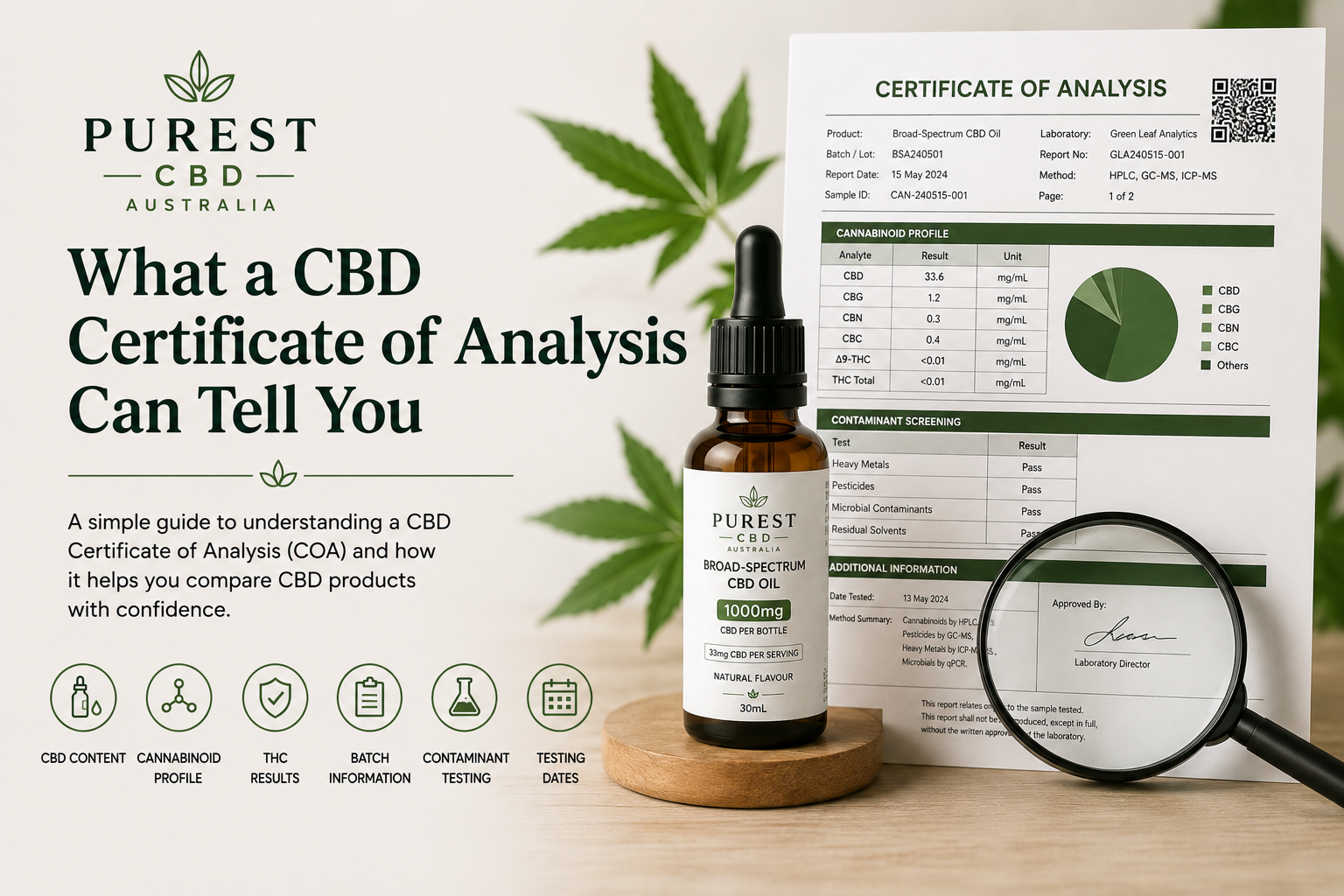 CBD Certificate of Analysis showing cannabinoid profile, THC results, batch information, contaminant screening and testing dates